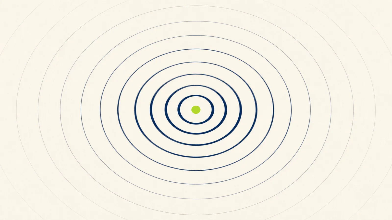 Top-down concentric navy ripples with a single lime dot at the center — a signal landing in still water.