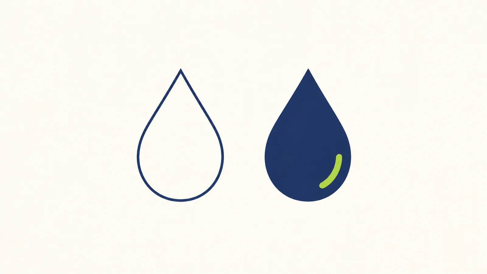 Two water droplets — a hollow navy outline beside a solid navy droplet with a lime highlight — a comparison.