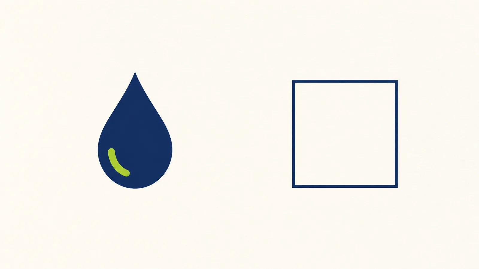 A refined navy water droplet with a lime highlight beside a plain navy outline box — a tailored fit vs an off-the-shelf box.