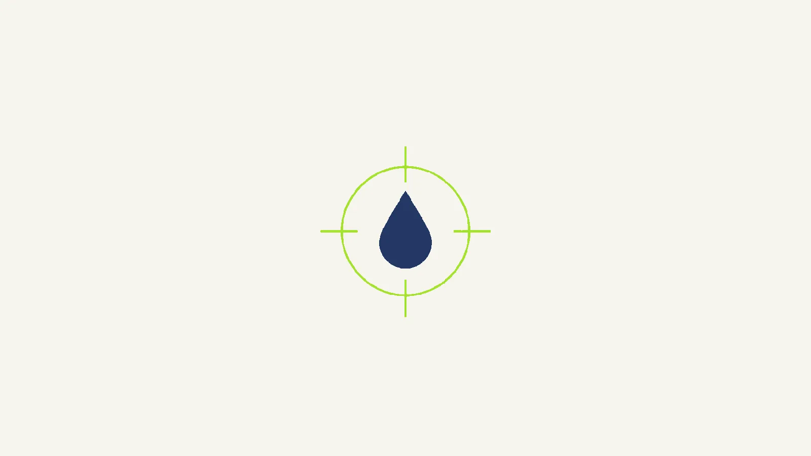 A deep-navy water droplet centered in a lime targeting reticle — a lead being examined and qualified.