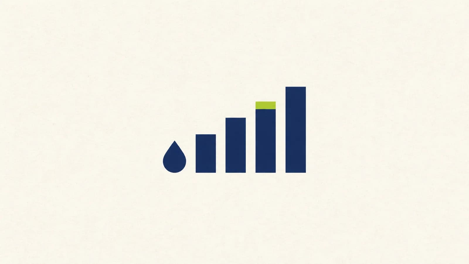 A navy water droplet beside a row of ascending navy bars with a lime-capped bar — a water-hardness gauge.