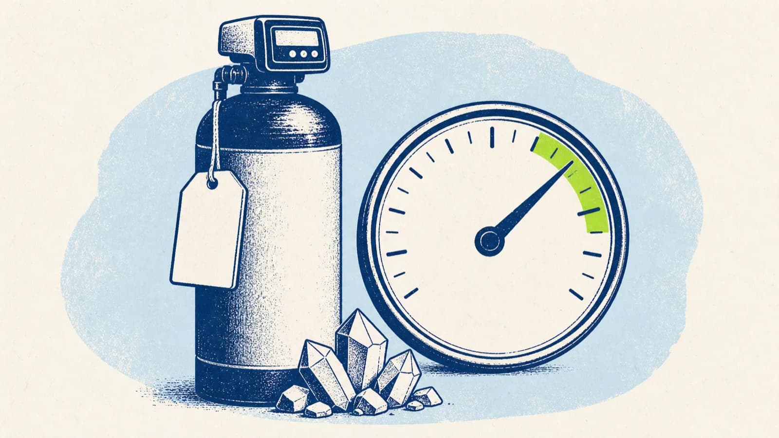 A navy water droplet beside a row of ascending navy bars with a lime-capped bar — a water-hardness gauge.