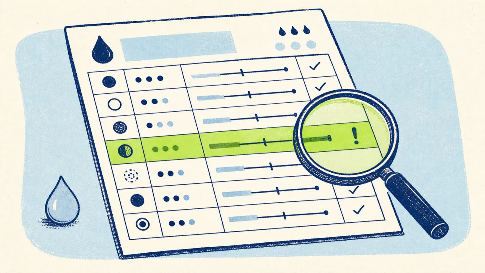 A hand-drawn water-test report card at an angle with a magnifying glass over one flagged reading and a water droplet beside it.