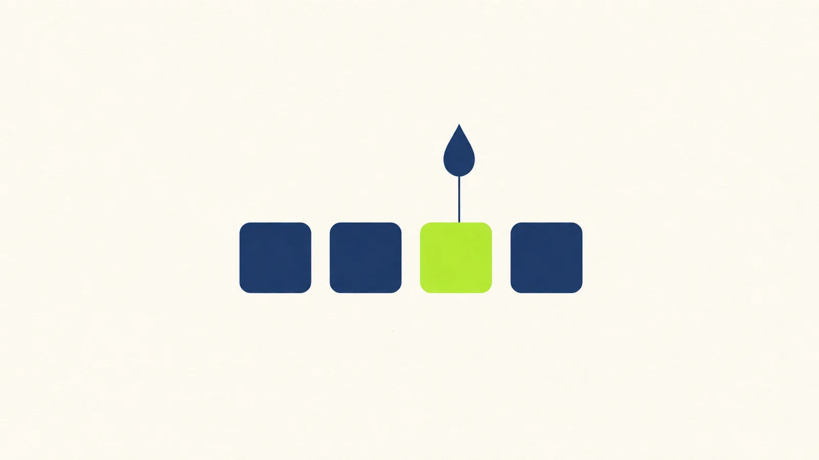 A row of navy squares with one highlighted in lime, a navy droplet linked to it — recommending the fitting product from a catalog.