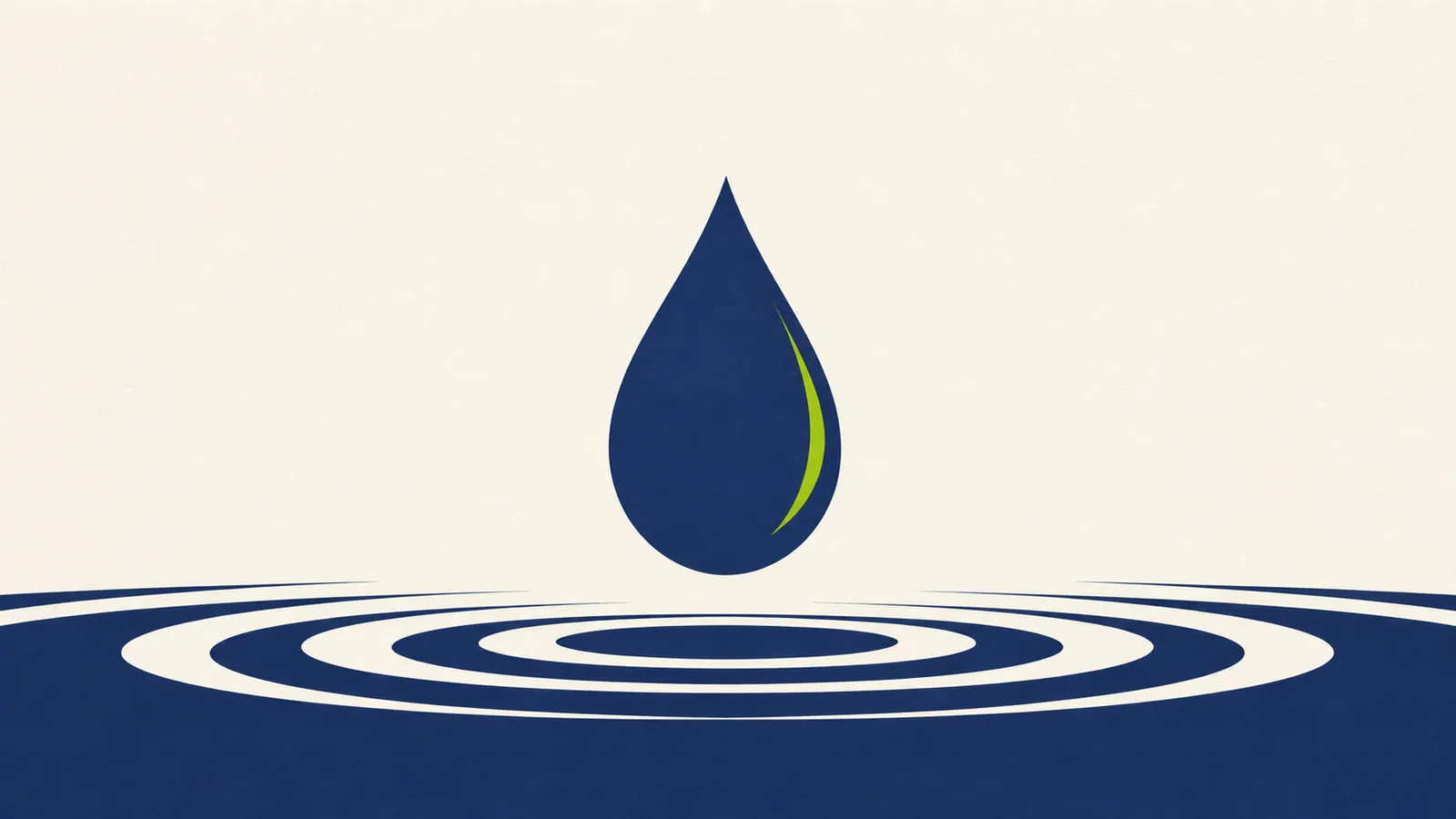 A single deep-navy water droplet above concentric ripples on a warm off-white ground, with one lime highlight.